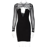Solid Halter Bandage Dress With See Through Shoulder Top 2 Pieces Sets 2021 Summer Fall Elegant Streetwear Outfit