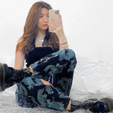 Dragon Printed Sweatpant Cotton Women Drawstring Vintage Trousers Casual High Street Cargo Pant Jogger Women
