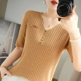 Woherb 2024 New Short Knit Women's Fashion Slim Short-Sleeve T-Shirt Thin Medium Sleeve Top-Outfit