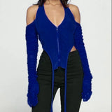 2021 Long Stacked Sleeve Halter Zipper Patchwork Sexy Crop Top Autumn Winter Women Fashion Streetwear Tshitrs Club