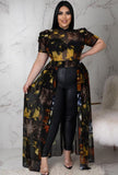 Plus Size Print Puffed Short Sleeve Mesh Long