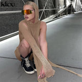 Kliou Knitted Dress Women Sexy See Through X-Long Hoody Tops+One Shoulder Drawstring Ruched Robe Skirt Hipster Future