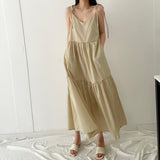 Woherb Chic Minimalist Temperament Deep V Collar Loose Casual Level Feeling Knee Long Condole Belt Dress Female-Outfit