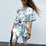 New Casual Tie Dye Women Two Piece Sets With Belt Home Loose Sports Tracksuits Fashion Leisure Bicycle Suit Summer