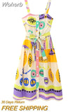 2023 Women Summer Strap Dress Fashion Sweet Print Slash neck Split Female Elegant Street Mid-Calf Dresses Clothing-Outfit