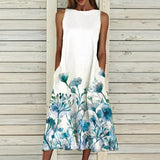 Elegant Dress Summer Floral Print Sleeveless Long Dresses Fashion Round Neck A-Line Pocket Female Dress Plus Size