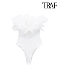 Women Fashion With Organza Ruffle Rib Knit Bodysuits Vintage Straight Neck Exposed Shoulders Female Playsuits Mujer-Outfit