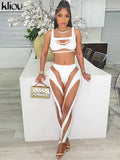 Kliou Mesh Patchwork Two Piece Set Women Skinny Hole Sleeveless Vest+Mid Waist See Through Leggings High Street Attirewear