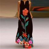 Flower Printed Long Summer Pocket Sexy V-neck Sleeveless Dresses for Women Party Bohemian Ankle-Length Vintage