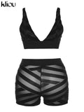 Kliou Mesh Patchwork Two Piece Set Women Sexy Solid Deep V-Neck Crop Tops+ See Through High Waist Skinny Female Matching