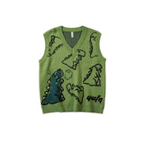 Temperament Knitted Sweater Vest 2021 Winter Sweet Girl Jumper Cartoon Dinosaur V-neck Sleeveless Knitwear Casual Loose