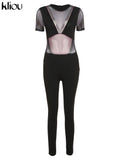 Kliou Mesh Patchwork Jumpsuits Women Fashion Skinny Short Sleeve Zipper Elastic Cleavage Rompers Streetwear Female