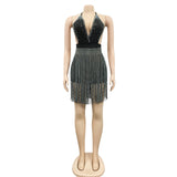 Hot Drilling 2 Piece Set Outfits Summer Sexy Halter Lace Up V Neck Backless Bodysuit Top + Tassel Mini Skirt Club Sets-Outfit