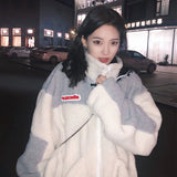 Autumn Winter Korean Preppy Style Women Coat Embroidery Imitation Lambswool Female
