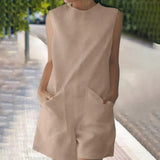 Solid Rompers ZANZEA 2022 Fashion Women Sleeveless Short Jumpsuits Female Casual Loose O Neck Pockets Overalls