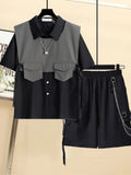 Gothic Men Suits Cargo Vest + Shirt + Shirts 3 Pieces Set Summer Clothes Punk Preppy Streetwear Casual Outfit Men Fashion