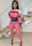 Sexy O-Neck Full Sleeves High Waist Color Blocking Mesh Skinny Two Piece Pants