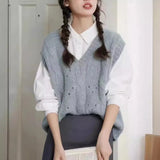 Woherb Small V Collar Soft Waxy Simple And Generous Knitting Vest New Female Gentle Girl Pure Color Sweet Sister Vest Female-Outfit