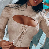 Off Shoulder Cut Off Patchwork Spring Shirts 2020 Women Hollow Out O Neck Elegant Blouse Autumn Long Sleeve Rib Tops