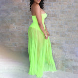 Fashion Women Mesh Maxi Dress Robes Beachwear Off Shoulder Leaf Print Tube See-through Pleated Long Party Club
