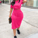 Piece Casual Solid Dress Suits Short Sleeve Crop Top & Bodycon Miid Skirt Set-Outfit