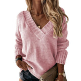 Women's Wear Solid Street Hipster Color Sweater V-neck Long Sleeve Pullover