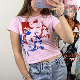 Women Cotton T-shirt Face Print Short Sleeve Slim Fit Crop Top Summer Sweats Tees Casual O-neck Tshirt Gothic