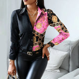 Women Fashion Shirt Lady Long Sleeve Blouse Turn-down CollarButton Design Print Casual