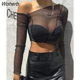 Sexy See Through Mesh Women T-shirt Black Long Sleeve One Shoulder T-shirts Female Autumn Skinny Fashion Party Clubwear-Outfit