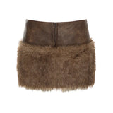 Brown Low-Waisted Umbilled Zip Hair Short Skirt Autumn And Winter New Babes Leather Splicing Bag Hip