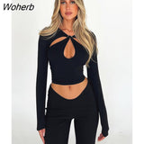 Puss Y2K Hollow Flowers Crop Tops Long Sleeve Autumn Elegant Trend Chic Wild Skinny Elastic Solid Streetwear Sexy T-Shirts-Outfit
