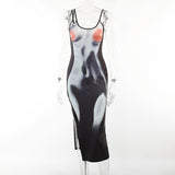 Babes Deep V High Open Fork Casual Fashion Human Body Print Sexy Sling