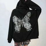 Hop Oversize Women Hoodies Autumn Streetwear Butterfly Print Black Sweatshirt Harajuku Zip Up Goth Punk Female Jacket
