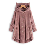 Plush Hoodies Sweatshirt Harajuku Irregular Hem Fluffy Woman Fleece Coat Kawaii Cat Ear Buttons Solid Female Teddy