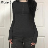 Women Clothes Y2K T-shirts 2022 Spring O-neck Long Sleeve Button Ribbed Tunic Grunge Ladies Fashion Casual Crop Tops-Outfit