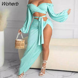 Pieces Sets Sexy & Club Women Off Shoulder Top & Slit Bodycon Skirts-Outfit