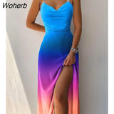 Women Ombre Chain Linked Cowl Neck Split Thigh Slip Dress Elegant Femme Tie Dye Spaghetti Strap Maxi Evening Party Dress-Outfit