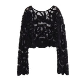 Women Fashion Cropped Semi-sheer Crochet Knit Sweater Sexy O Neck Long Sleeve Female Pullovers Chic Tops-Outfit