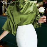Satin Blouse WomenFashion Tunics Tops 2022 Autumn Elegant Bow Tie Lantern Sleeve Belted Shirt Casual Slik Party