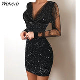 Women Sequin Sheer Mesh Mini Bodycon Dress 2022 Femme Sexy Glitter Long Sleeve Party Robe Lady Evening Clothing Vestidos-Outfit