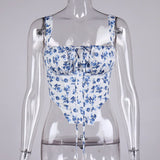 hirigin Floral Cami Top Women Sweet Print Hollow Up Tie Up Sexy Crop Top Summer Sleeveless Ruched Boning Bustier Casual Tank