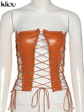 Kliou Hollow Out Bandage Faux Leather PU Tank Top Women 2021 Solid Streetwear Backless Sleeveless Sexy Party Clubwear