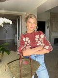 Printed Flower Embroidery Blouse For Women Chic O-neck Puff Sleeves Single Breasted Shirt Summer Female Party Elegant Top-Outfit