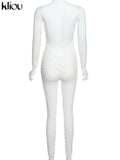 Kliou Hollow Out See Through Jumpsuit For Women Solid Sexy Sling Skinny Cleavage Net Plaid Hole Stunning Midnight Club