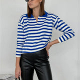 Neck Vintage Striped Sweater Pullovers For Women Casual Loose Long Sleeves Jumpers Autumn Female Drop Shoulder Kintting