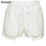 Puss PU Leather Sexy Shorts Women Contrast Color Patchwork Lace Up High Waist Stretchy Skinny Midnight Streetwear Bottoms-Outfit