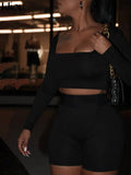 Kliou Biker Style Shorts Two Piece Set Women Autumn Harajuku Simple Square Collar Top+Solid Streak Decoration Sheath
