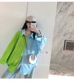 Elegant Blouses for Women Summer Shirts for Women Blue Green Patchwork Shirt Contrast Loose Top Women's Fashion Tunics-Outfit