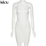 Kliou Cotton Sleeveless V-Neck Women Dress Elastic Fitness Fashion Solid White Skinny Bodycon Mini Dresses Streetwear