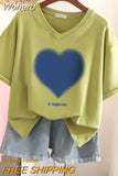 100% Cotton L-6XL T Shirt Plus Size Tshirt Short Sleeve Women Top Summer Heart Print Couple V Neck Oversized T Shirts-Outfit